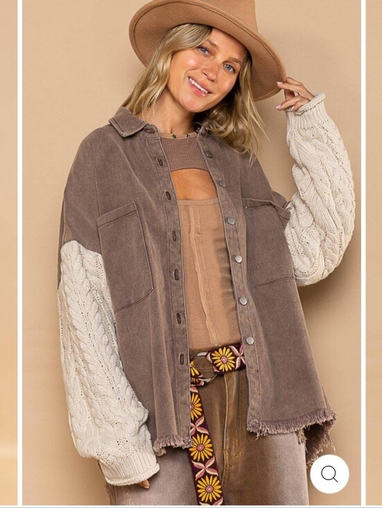 POL Sweaters - POL Cable Knit Sleeve Shacket Chocolate & Cream Small